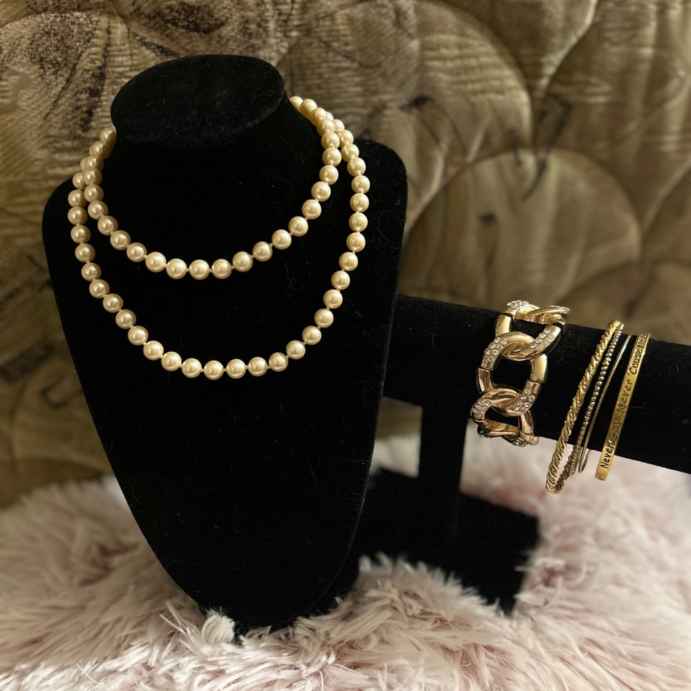 Vintage Marvella Pearl Necklace + Gold Bracelets Set